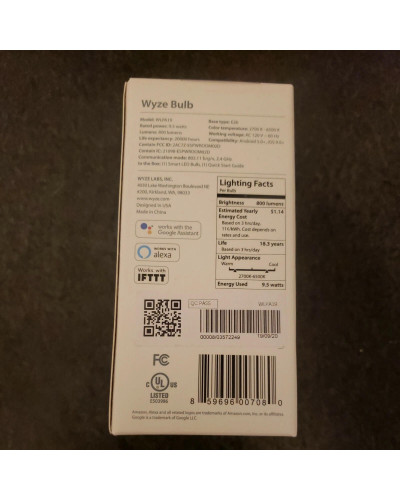 Розумна світлодіодна лампа Wyze Bulb LED Wi-Fi зі зміною температури світіння, 800 Lumen, 9,5Вт
